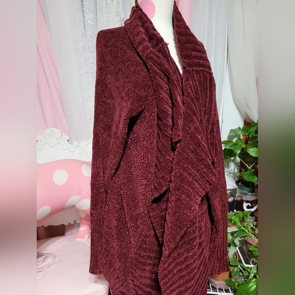 Cozy Burgundy Women's Vintage Open Front Knit Cardigan Long Sleeve - Picture 10 of 16